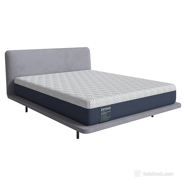 Modern Double Bed With Grey Upholstered Headboard Wave Pattern Mattress And Navy Blue Base 3d model 