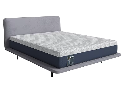 Modern Double Bed With Grey Upholstered Headboard Wave Pattern Mattress And Navy Blue Base 3d model