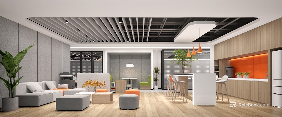 Modern Office Break Room Interior With Sofa Tables Chairs Plants And Pendant Lights 3d model 