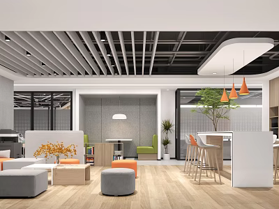 Modern Office Break Room Interior With Sofa Tables Chairs Plants And Pendant Lights 3d model