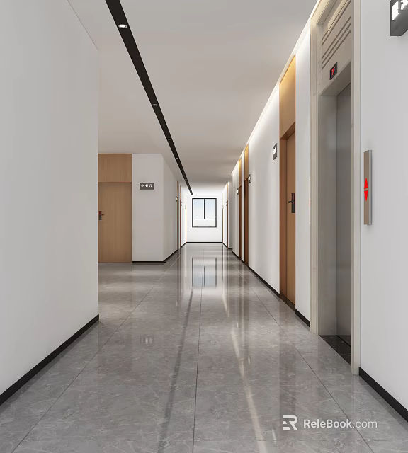 Modern Elevator Hallway Interior With Marble Floor And Wooden Doors Ceiling Lights 3d model 