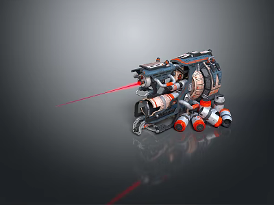 Futuristic Metallic Mechanical Device With Red Laser Beam And Robotic Support Structure 3d model