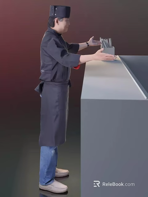A Man Wearing Dark Apron Preparing Items At Modern Kitchen Counter 3d model 
