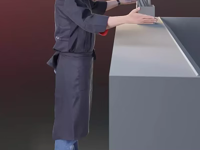 A Man Wearing Dark Apron Preparing Items At Modern Kitchen Counter 3d model