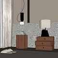 Wooden Nightstand With Drawers In Cozy Bedroom Featuring Patterned Wallpaper Table Lamp And Curtains