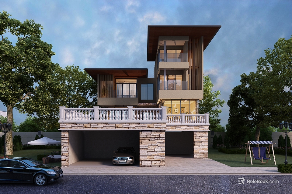 Modern Two Story Detached Villa With Stone Exterior Garage Balcony Railing And Trees 3d model 
