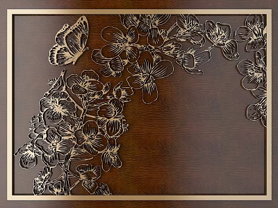 Golden Floral and Butterfly Carvings on Wooden Background with Elegant Frame 3d model