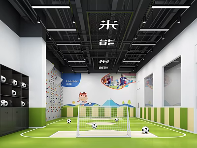 Kids Sports Fitness Space With Indoor Turf Soccer Goal Climbing Wall Lockers And Cartoon Murals 3d model