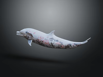 White Dolphin Themed Decorative Furniture Piece With Colorful Patterns On Dark Backdrop 3d model