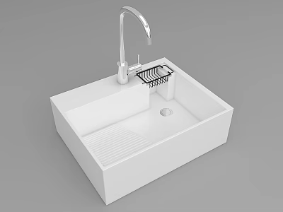 Modern White Square Single Bowl Sink With Faucet And Dish Rack 3d model