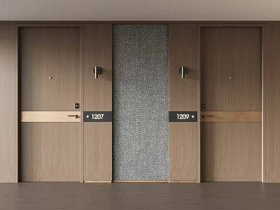 Wooden Hotel Room Doors With Numbers 1207 1209 And Gray Textured Wall 3d model