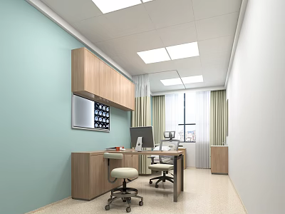 Light Blue Medical Office Interior With Wooden Cabinets Desk Computer Chairs And Curtains 3d model