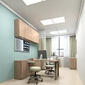 Light Blue Medical Office Interior With Wooden Cabinets Desk Computer Chairs And Curtains