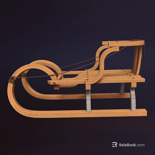 Wooden Sports Sled With Metal Supports And Ropes For Winter Activities 3d model 