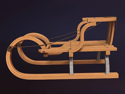 Wooden Sports Sled With Metal Supports And Ropes For Winter Activities 3d model