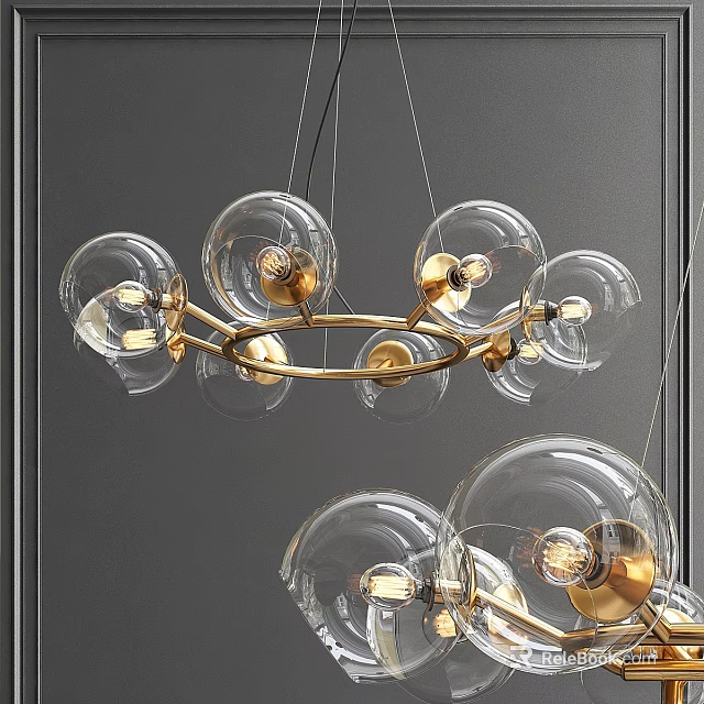 Modern Hanging Chandelier With Transparent Glass Globes And Golden Metal Ring 3d model 