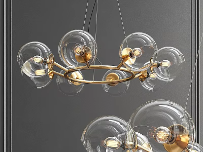Modern Hanging Chandelier With Transparent Glass Globes And Golden Metal Ring 3d model