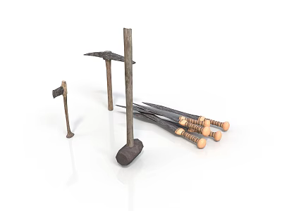Antique Weapons Assortment Featuring Three Different Sizes Hammers and Wooden Handle Knives 3d model