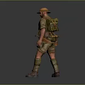 Bearded Military Soldier In Yellow Helmet And Khaki Uniform With Backpack Puttees And Boots