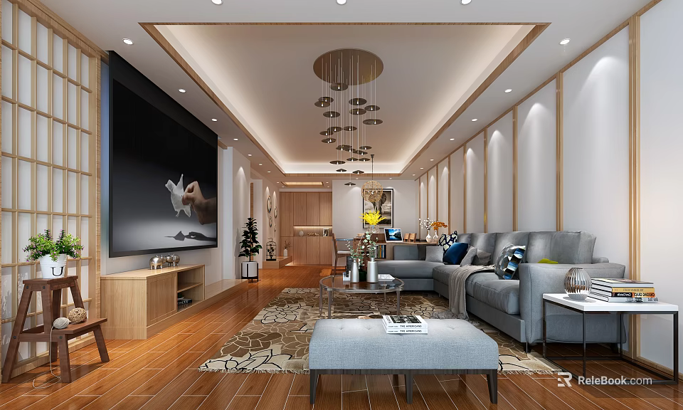Modern Living and Dining Room Interior With Large TV Wall Gray Sofa And Patterned Rug 3d model 