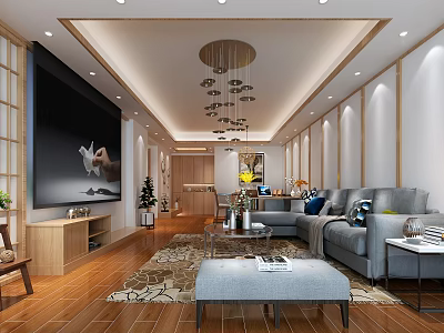Modern Living and Dining Room Interior With Large TV Wall Gray Sofa And Patterned Rug 3d model