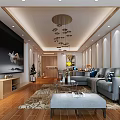 Modern Living and Dining Room Interior With Large TV Wall Gray Sofa And Patterned Rug