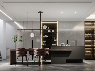 Basement Modern Kitchen Interior Design With Open Layout Dining Table Chairs And Pendant Lights 3d model