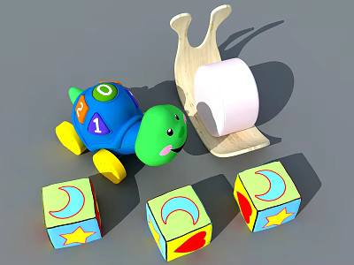 Wooden Kids Chair With Colorful Building Blocks Moon Star Patterns And Turtle Toy 3d model