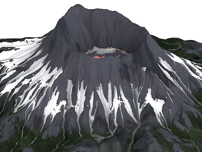 Majestic Volcano Landscape With Snow Covered Slopes Crater Summit And Green Vegetation 3d model
