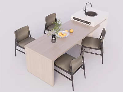 Modern Kitchen Bar Interior With Wooden Table Chairs Lemons Vase And Faucet 3d model