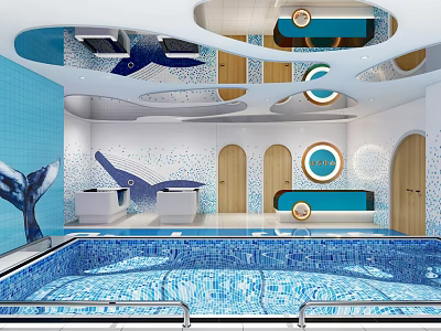 Whimsical Indoor Pool Interior With Blue Mosaic Whale Decorations And Round Mirrors 3d model
