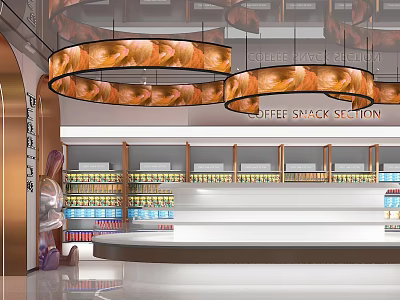 Modern Supermarket Grocery Interior with Coffee Snack Section and Product Shelves 3d model