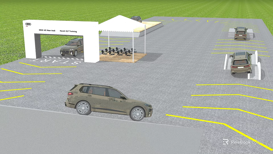 Road Facilities With Parking Lot Traffic Lines Canopy And Entry Exit Signs 3d model 