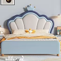 Blue White Kids Bed with Shell Shaped Headboard Crown Yellow Quilt Plush Toys Bedside Tables