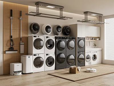 Modern Laundry Room With Multiple Washing Machines Dryers Storage Cabinets And Cleaning Tools 3d model
