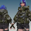 Woman with blue hair in camouflage outfit wearing backpack shorts and boots