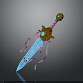 Ornate Decorative Sword With Blue Blade Intricate Carvings Pink Hilt Golden Accents And Blue Gemstones