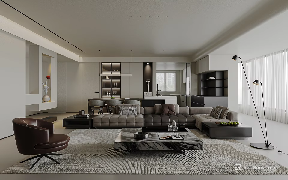 Modern Living Dining Room Interior Design With Open Layout Sofa Coffee Table And Area Rug 3d model 