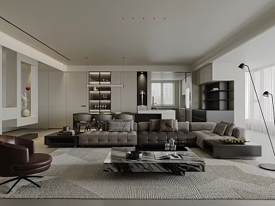Modern Living Dining Room Interior Design With Open Layout Sofa Coffee Table And Area Rug 3d model