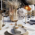 Luxury Tableware Set With Golden And White Plates Wine Glasses Napkins And Decorative Blueberries
