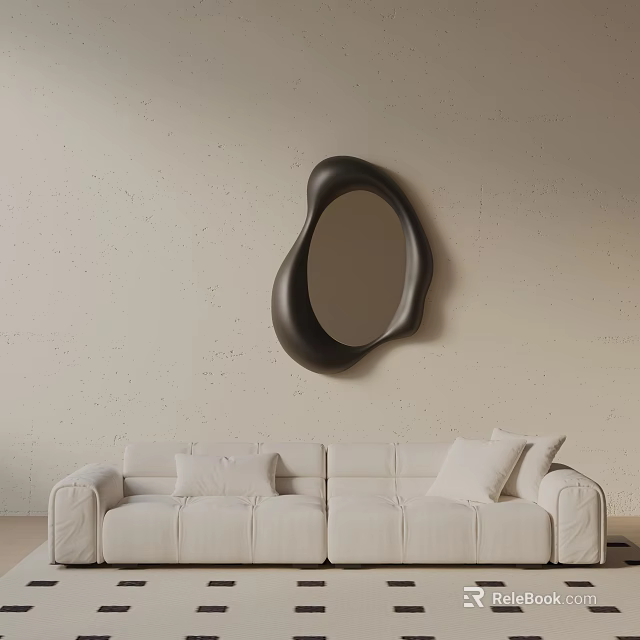 White Three-Seater Sofa With Cushions Under Black Irregular Mirror On Light-Colored Wall 3d model