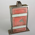 Red Vintage Control Device Featuring Metal Frame Worn Surface Yellow Stickers And Black Top