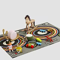 Doll In Children's Play Area With Colorful Rug Wooden Rocking Horse And Toy Cars