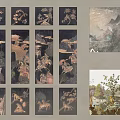 Collection of Decorative Paintings With Black Background Gold Patterns and Landscape Art