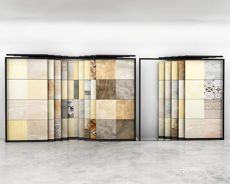 Various Floor Tiles With Different Patterns Colors And Textures Display On Modern Stand 3d model