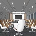 Modern Conference Room Interior With Long White Table Orange Chairs And City View Windows
