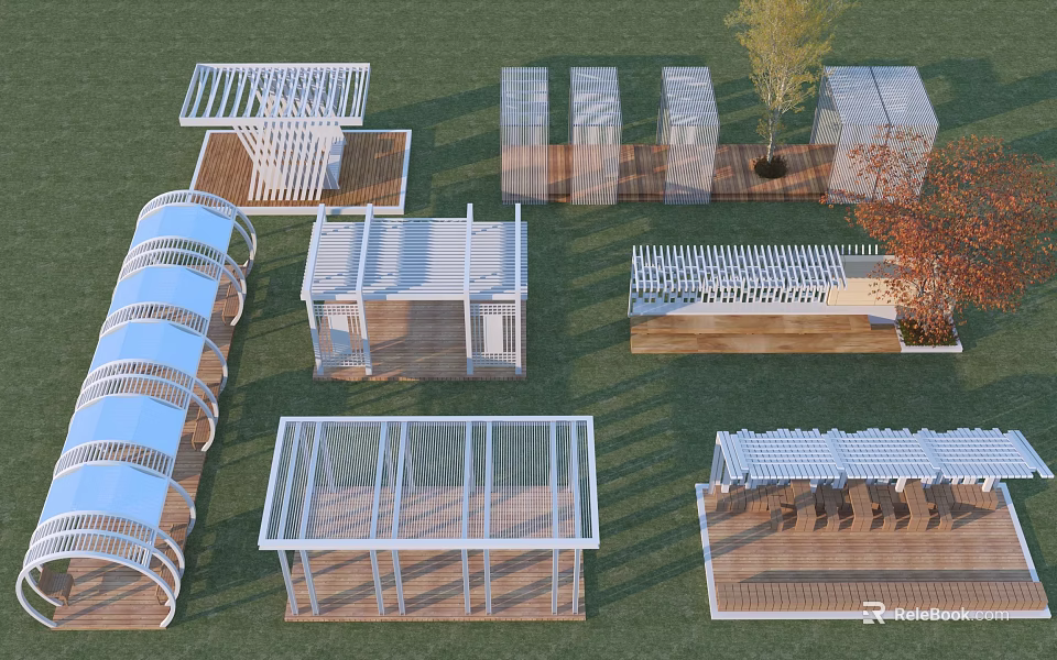 Diverse Outdoor Pergola Designs With Wooden Metal Structures Roof Seating And Garden Landscape 3d model 
