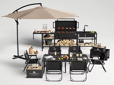 Outdoor Table And Chair Set With Umbrella Grill Firewood Drinks And Utensils For Grilling Dining 3d model