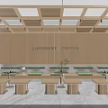 Modern Minimalist Coffee Shop Interior With Wooden Tables And Green Cushioned Chairs