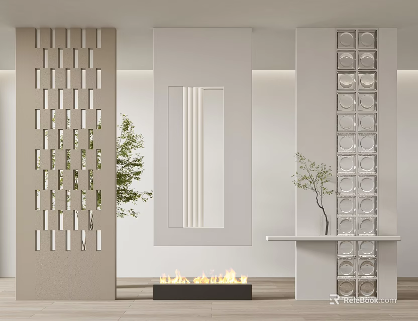 Modern Decorative Room Dividers With Square Cutouts Vertical Slats Circular Patterns Green Plants And Fireplace 3d model 